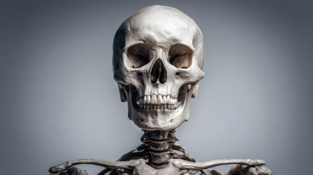 A highly detailed human skeleton model showcasing intricate anatomical features, ideal for education, art, and medical studies against a soft neutral backdrop.の素材