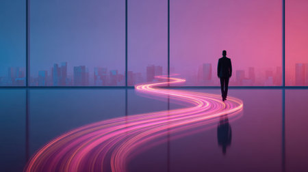 A silhouette of a businessman walks toward a glowing, abstract path in a colorful urban setting, symbolizing innovation and future aspirations in a corporate world.の素材