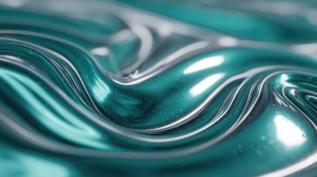 A mesmerizing close-up of a shiny teal and silver fluid texture, highlighting graceful waves and soft reflections, ideal for artistic projects and modern design applications.の素材