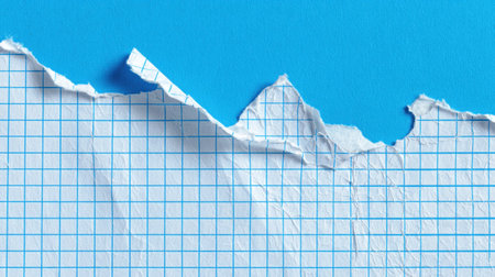 A close-up view of torn graph paper with a intriguing texture against a vibrant blue background, ideal for creative projects, presentations, or artistic uses.の素材