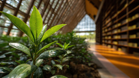 A close-up of a vibrant green plant in a modern architectural interior featuring glass walls and wooden shelves, blending nature with contemporary design elements.の素材