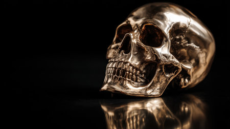 A stunning golden human skull resting on a black backdrop, showcasing intricate details and a reflective surface, ideal for artistic, educational, or thematic projects.の素材