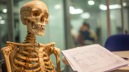 A detailed image of a human skeleton model placed at a table alongside a medical document, representing an educational setting focused on anatomy and healthcare learning.の素材