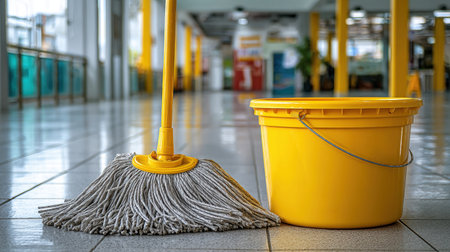 A mop and yellow bucket placed on a clean floor showcase essential tools for maintaining hygiene in commercial spaces, reflecting professionalism and organization in cleaning routines.の素材
