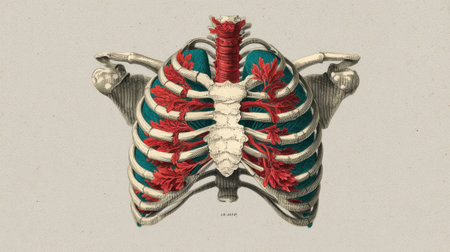 This vintage illustration showcases the human thoracic skeleton, emphasizing the connection between ribs, spine, and muscles for educational and artistic purposes.の素材