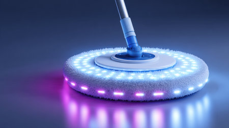 Unveil the future of cleaning with this innovative tool, featuring colorful LED lights and a soft microfiber base designed for effective surface cleaning and modern home aesthetics.の素材