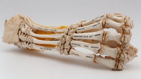This detailed anatomical model of a human hand skeleton provides a clear view of bone structure and is ideal for educational purposes in biology and medicine.の素材