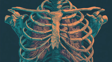 A striking illustration showcasing the human rib cage, focusing on bones, muscles, and anatomical details, ideal for health education and biological studies.の素材