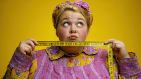 A cheerful woman playfully holds a measuring tape against a bright yellow background, embodying creativity and fun while pondering self-identity and personal measurements.の素材