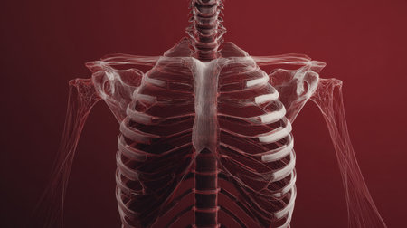Explore the intricate structure of the human rib cage with detailed anatomy illustrations showcasing skeletal elements and muscles highlighted against a striking red backdrop.の素材