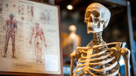 Life-size human skeleton model in an educational exhibit, accompanied by anatomical charts illustrating the human body, perfect for teaching and learning about anatomy and biology.の素材