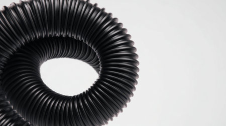 Close-up view of a flexible black hose coil on a white backdrop, showcasing its design and structure for various applications in industrial and home environments.の素材
