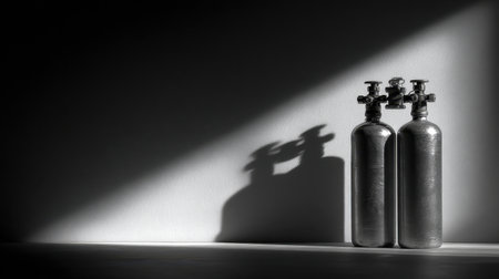 This black and white image showcases two industrial gas cylinders casting long shadows against a wall, emphasizing texture and minimalist design with a dramatic play of light.の素材