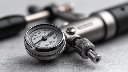 This close-up image captures a medical pressure gauge and device, showcasing their precision and design, ideal for showcasing healthcare and clinical environments.の素材