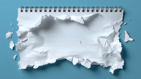 A close view of a blank spiral notebook page torn from the side, set against a soft blue background, offering a versatile space for creative ideas and presentations.の素材