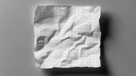 A crumpled sheet of grid paper captured against a grey backdrop, showcasing unique texture and form ideal for diverse design projects and creative applications.の素材