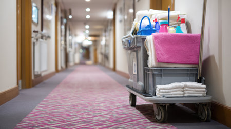 A well-organized cleaning cart filled with supplies stands in a hotel hallway, emphasizing cleanliness and professionalism in hospitality and maintenance.の素材