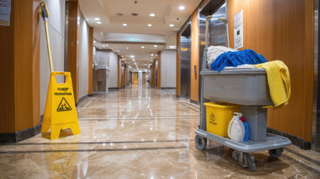 A well-equipped cleaning cart stands in a hotel corridor, highlighting the importance of cleanliness and safety for guest experiences in hospitality environments.の素材