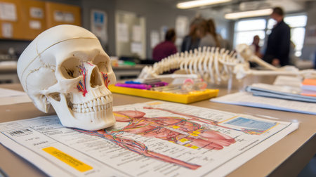 A detailed setup for anatomy study showcasing a human skull model and anatomical charts in a classroom, perfect for educational and learning resources in biology and health sciences.の素材