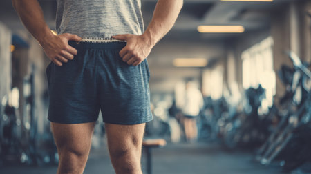 A determined man stands ready for his workout in a gym, showcasing his athletic build and focus on fitness. The background features professional equipment.の素材
