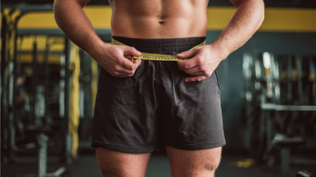 A dedicated athlete measures his waist with tape in a gym, embodying commitment to fitness and personal health goals, set against a motivating workout environment.の素材