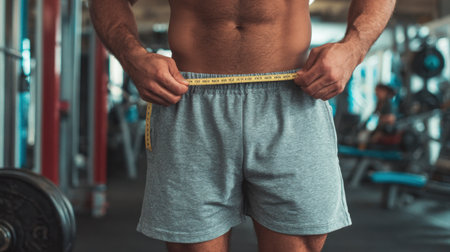 A determined male athlete measures his waist at the gym, showcasing dedication to fitness and health amidst a vibrant workout atmosphere filled with equipment.の素材