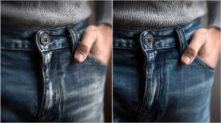 Close-up image showcasing hands in the pockets of denim jeans, highlighting texture and button features, perfect for fashion photography and casual style thematic content.の素材