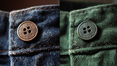 A striking close-up image showing contrasting buttons on denim and green fabric, highlighting unique textures and styles suitable for fashion and clothing industries.の素材