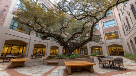 A tranquil urban courtyard showcasing a majestic old tree enhances the inviting atmosphere, offering seating amidst charming stone pathways and lush greenery.の素材