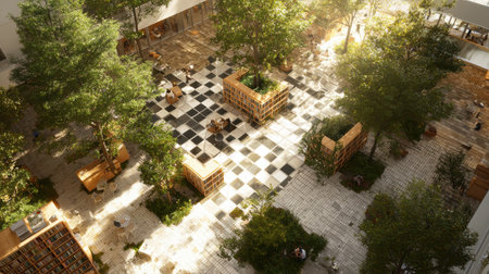 A vibrant urban plaza showcasing greenery, inviting seating, and a checkerboard pavement, designed for community gatherings and relaxation in a modern aesthetic.の素材
