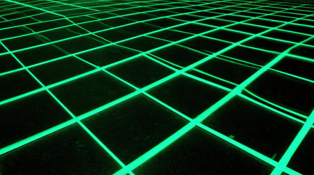 This image showcases a neon green digital grid pattern set against a dark background, ideal for technology-inspired themes, abstract art projects, and innovative visual representations.の素材