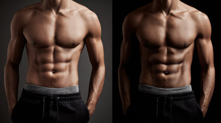 Close-up of a muscular male torso in low light emphasizing defined abs and toned physique, ideal for concepts related to fitness, health, and athleticism.の素材