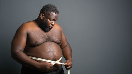 A shirtless man measures his waist with a tape, pondering his health journey. The minimalist backdrop emphasizes his focus on personal growth and fitness.の素材
