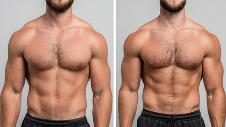 Explore an inspiring before-and-after image of an athletic male showcasing significant muscle development, commitment to health, and fitness journey, perfect for fitness-related projects.の素材