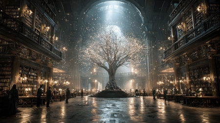 This stunning scene features a grand library with a magnificent tree at its center, enveloped in soft light, creating a magical atmosphere for learning and inspiration.の素材