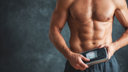 Fit man measures body composition with a device, showcasing commitment to health and fitness in a dynamic and professional setting focused on personal performance advancement.の素材