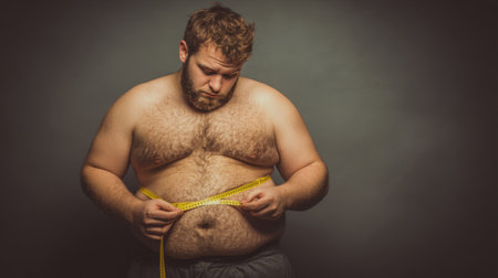 A contemplative man measuring his waist with a tape measure, reflecting on weight concerns and body image in a moody indoor setting, highlighting personal struggles and self-care.の素材