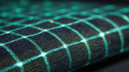 Detailed close-up of a textured black fabric with a glittery green grid pattern, perfect for creative projects in fashion, design, and textile applications.の素材