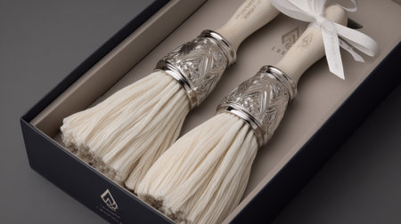 A pair of exquisite vintage brushes featuring ornate silver handles, elegantly packaged in a luxury box, ideal for collectors and artistic endeavors. Perfect for gifts or decorative display.の素材
