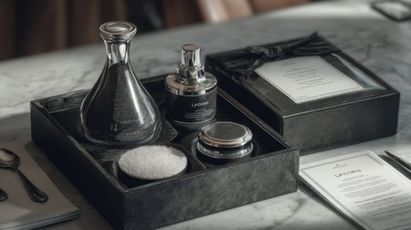 A sophisticated display featuring a luxurious spa set on a marble table, showcasing beauty products designed for relaxation and self-care. Perfect for wellness photography.の素材
