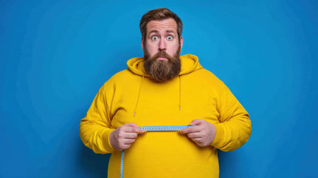 A surprised man in a yellow hoodie holds a measuring tape, displaying a mix of concern and humor against a vibrant blue background. Perfect for health and wellness themes.の素材
