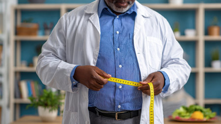 A confident male in a lab coat uses a yellow tape measure in a well-lit kitchen, promoting a focus on health, nutrition, and personal assessment for wellness.の素材
