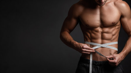 Athletic man measures his waist with a tape measure, emphasizing themes of fitness, health, and personal transformation against a simple dark background.の素材