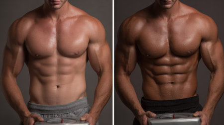 This image captures a male model showcasing two variations of his physique, emphasizing the impact of fitness and nutrition on body composition in a professional studio setting.の素材