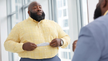 A confident man measuring his waist in front of a mirror, showcasing a bright yellow shirt and a stylish office environment, promoting body positivity and self-care.の素材
