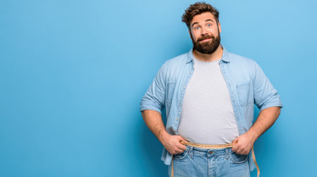 A cheerful man with a beard holds a measuring tape against a vibrant blue background, symbolizing confidence, fitness, and self-acceptance in his personal health journey.の素材