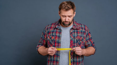 A man in a flannel shirt examines a measuring tape with a thoughtful expression, reflecting on measurements for a home project, set against a simple background.の素材