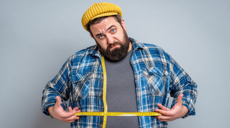 A man humorously measures his waist with a tape measure while dressed casually in a plaid shirt and yellow beanie, highlighting a relatable moment in self-assessment and body positivity.の素材