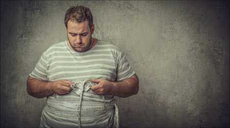 An overweight man stands in a gray setting, measuring his waist with a tape. This scene illustrates the challenges of body image and personal health struggles in today's society.の素材