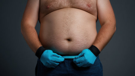 A male figure showcases an exposed midsection while holding a measuring tape, symbolizing health, fitness, and self-assessment in a personal journey towards wellness and transformation.の素材